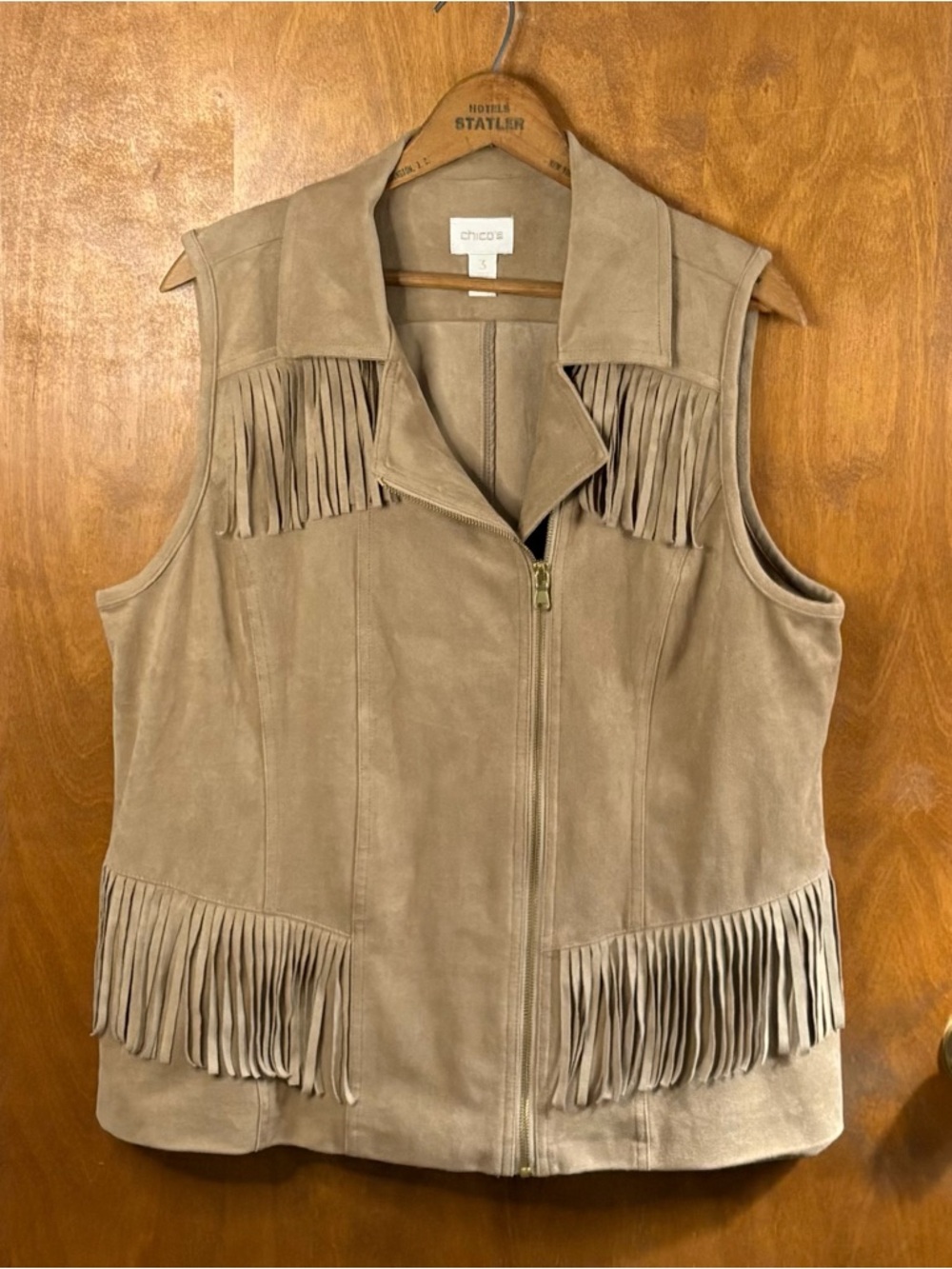 Chico's Tan Fringe Faux Suede Zip Up Vest Country Western Rodeo Boho XL 3 Summer